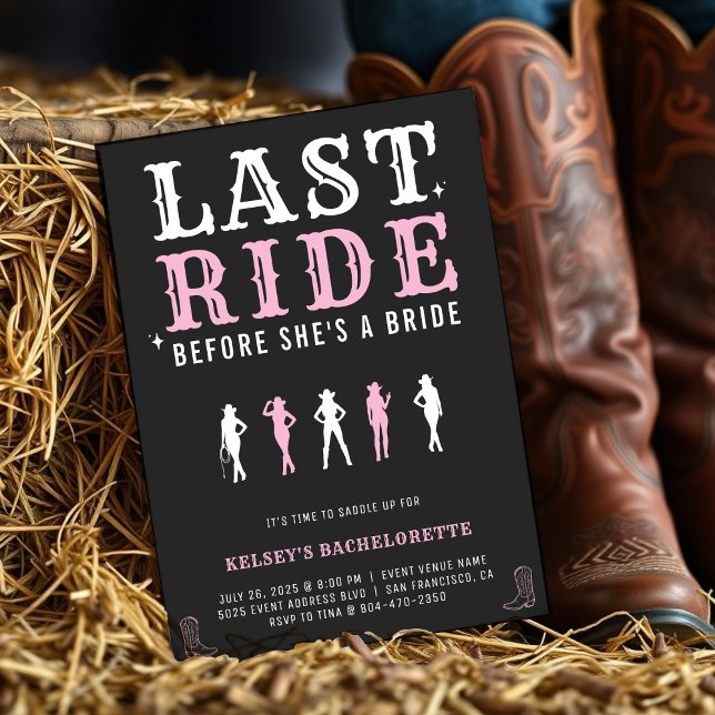 Invitation Cowgirl Bachelorette Party Last Ride Pink & Black (Créateur téléchargé)