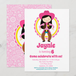 Invitation Cowgirl - Black Hair Cowgirl fête d'anniversaire