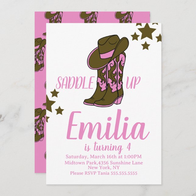 Invitation Cowgirl Boots Horse Themed Birthday Pink (Devant / Derrière)