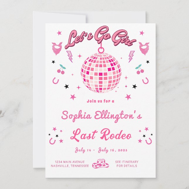 Invitation Cowgirl Disco Bachelorette Week-end Itinéraire (Devant)