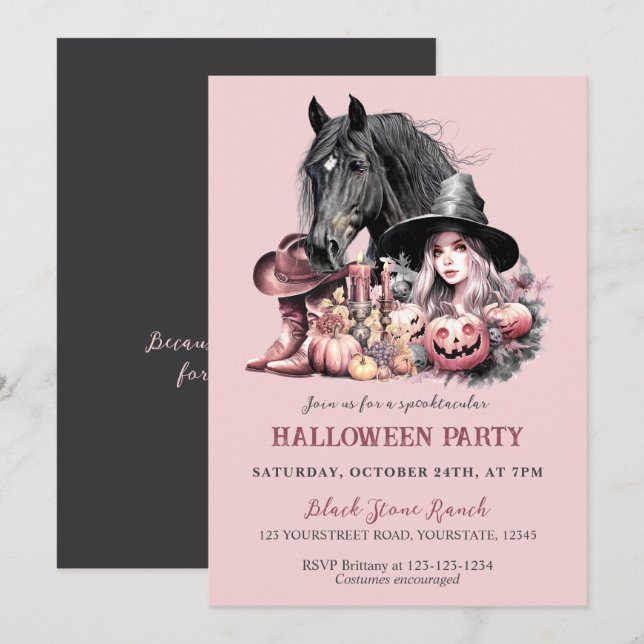 Invitation Cowgirl Halloween cheval rose noir girly (Devant / Derrière)