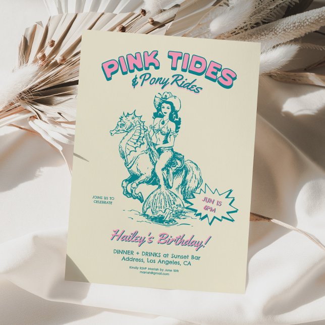 Invitation Cowgirl Mermaid Anniversaire Marches Pony (coastal cowgirl invite, mermaid birthday invite, adult mermaid invite, pink cowgirl party, retro bir)