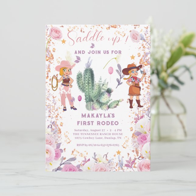 Invitation Cowgirl occidentale Floral Aquarelle premier anniv (Debout devant)