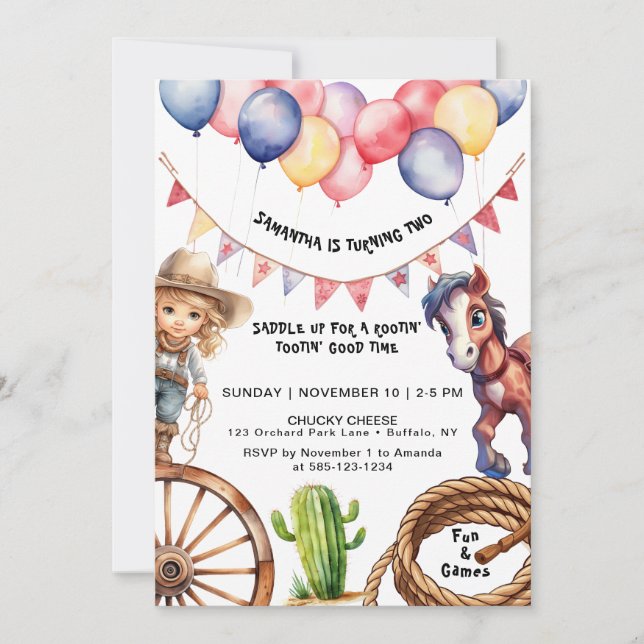Invitation Cowgirl Rootin' Tootin' Heure Anniversaire Invitat (Devant)