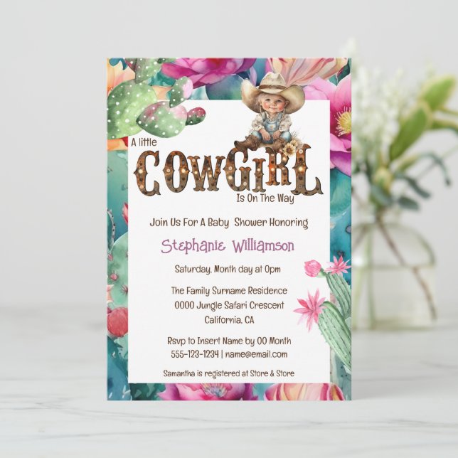 Invitation Cowgirl theme baby shower cactus girl (Debout devant)