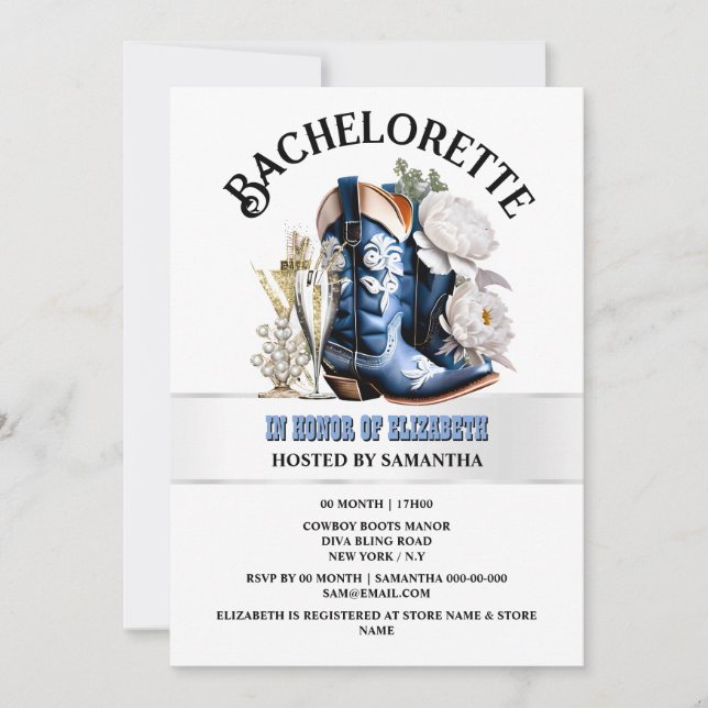 Invitation Cowgirl western bottes bleu brun poony chic (Devant)