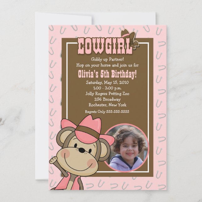 Invitation Cowgirl Western Monkey 5x7 *PHOTO* Anniversaire (Devant)
