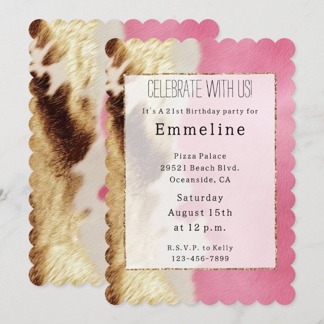 Invitation Cowgirl Western Pink Cream Gold Cowhide (Devant / Derrière)