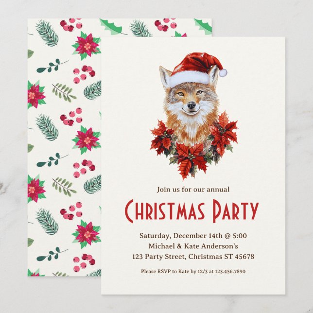 Invitation Coyote dans le Santa Hat Poinsettias Noël Party (Devant / Derrière)
