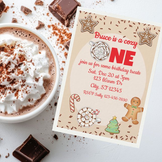 Invitation Cozy One, chocolat chaud hiver 1er anniversaire (Créateur téléchargé)