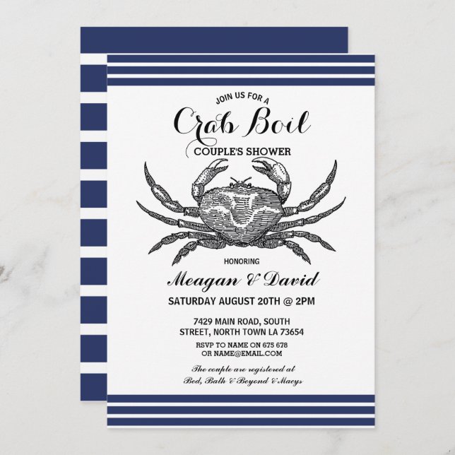 Invitation Crab Boy Engagement Party Check Blue Beach (Devant / Derrière)
