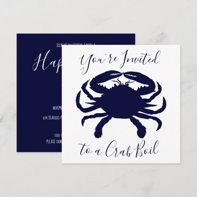 Invitation Crabe bleu blanc et foncé bouillie Anniversaire (Devant / Derrière)