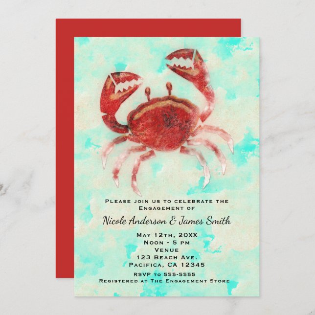 Invitation Crabe rouge Elegant Beach Party Fiançailles douche (Devant / Derrière)