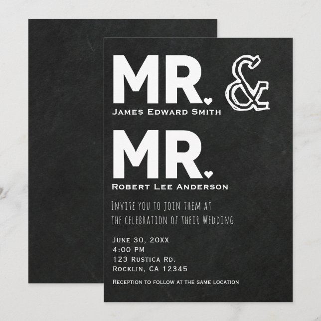 Invitation Craie de tableau noir M. et M. Gay mariage fiançai (Devant / Derrière)