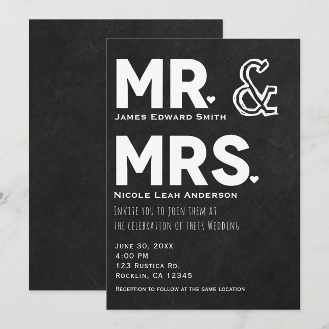 Invitation Craie de tableau noir Monsieur et Madame Engagemen (Devant / Derrière)