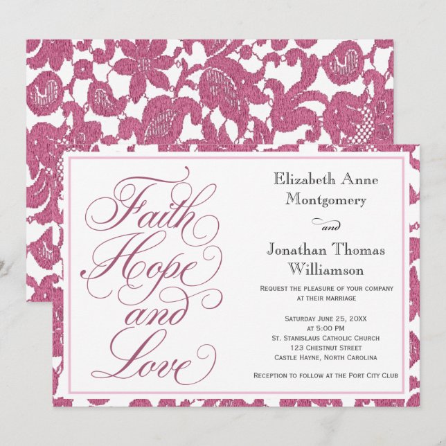Invitation Cranberry Lace Script Faith Hope & Love Mariage (Devant / Derrière)