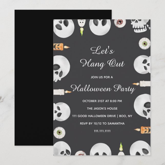 Invitation Crâne à l'aquarelle Faisons la fête Soirée Hallowe (Devant / Derrière)