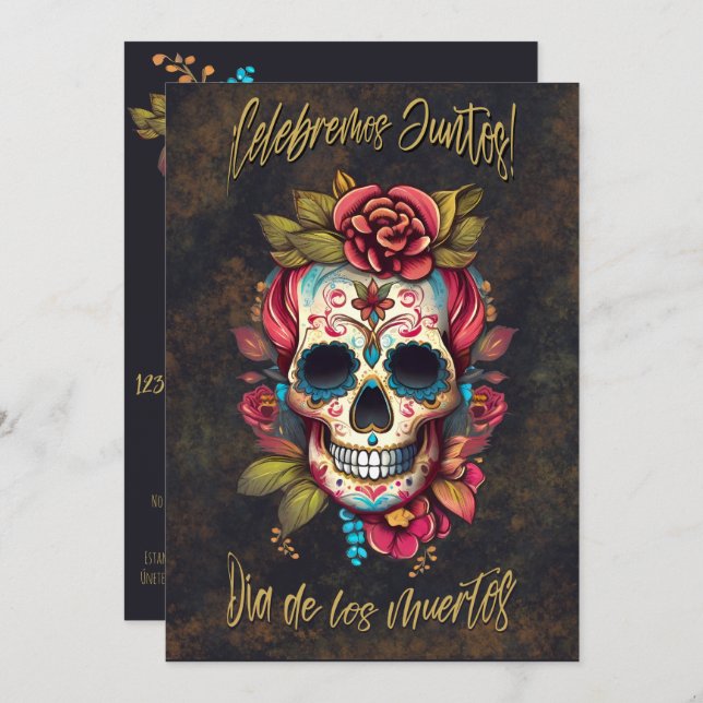 Invitation Crâne à sucre floral Día de los Muertos espagnol (Devant / Derrière)