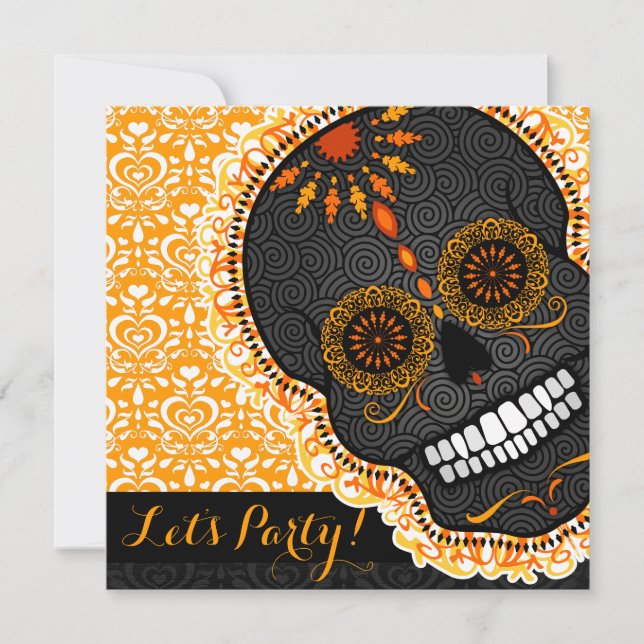 Invitation Crâne à sucre orange et noir de Feliz Muertos (Devant)