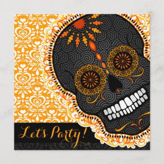 Invitation Crâne à sucre orange et noir de Feliz Muertos