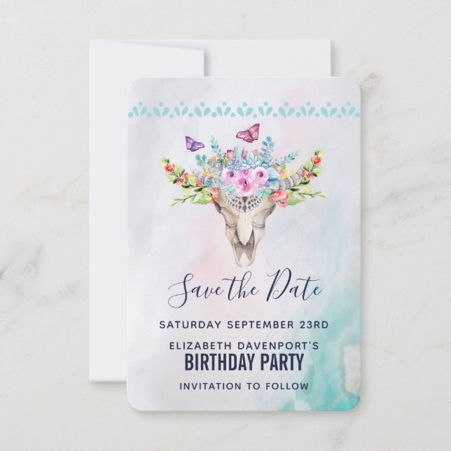 Invitation Crâne animal Boho avec papillons et fleurs (Devant)