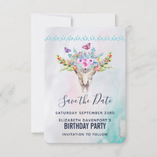 Invitation Crâne animal Boho avec papillons et fleurs