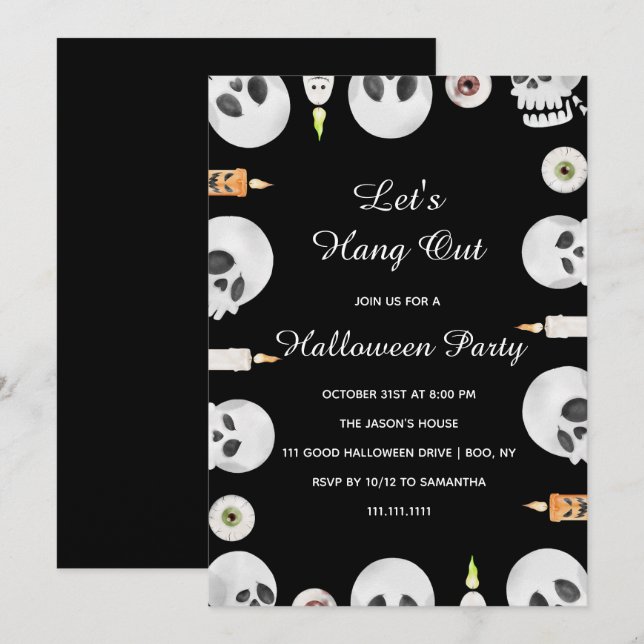 Invitation Crâne Aquarelle Faisons la Fête Soirée Halloween (Devant / Derrière)