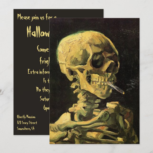 Invitation Crâne avec cigarette allumée par Van Gogh Hallowee (Devant / Derrière)