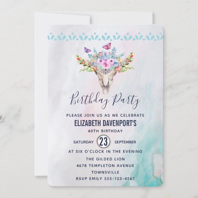 Invitation Crâne Boho avec papillons et fleurs Anniversaire (Devant)
