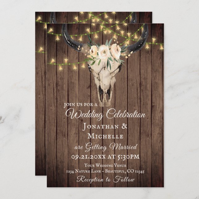 Invitation Crâne Boho et lumières sur bois tout en un Mariage (Devant / Derrière)
