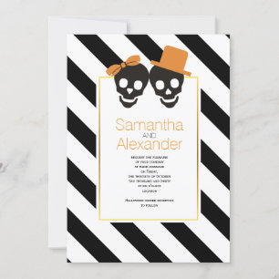 Invitation Crâne couple noir blanc rayures tendance Halloween