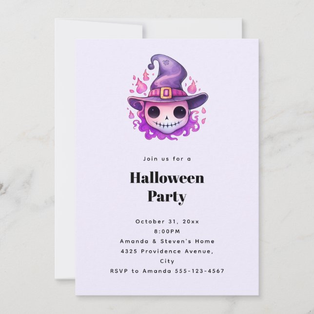 Invitation Crâne dans un chapeau de sorcière Fête fantaisiste (Devant)