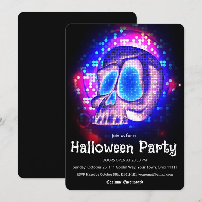 Invitation Crâne de disco néon rétro pour soirée Halloween (Devant / Derrière)