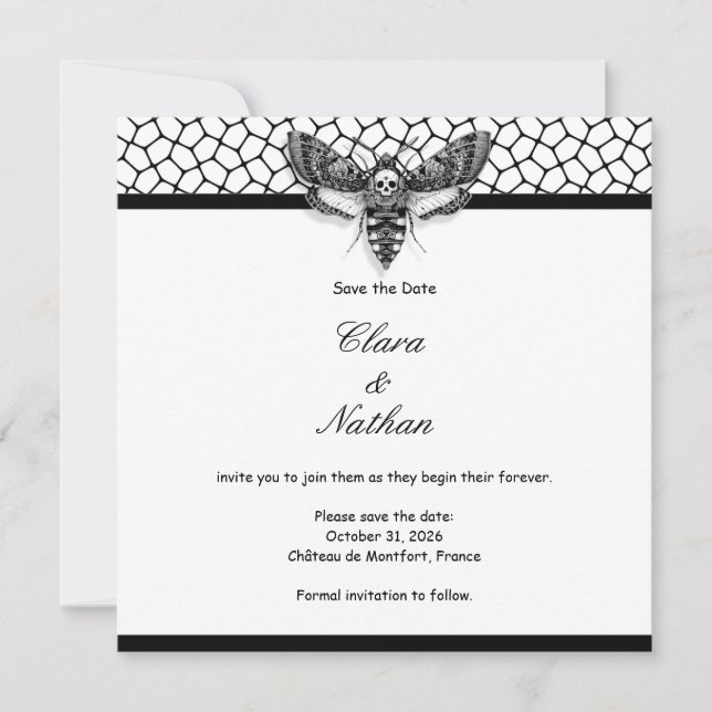 Invitation Crâne de Moth Gothique Save the Date – Élégant Noi (Devant)