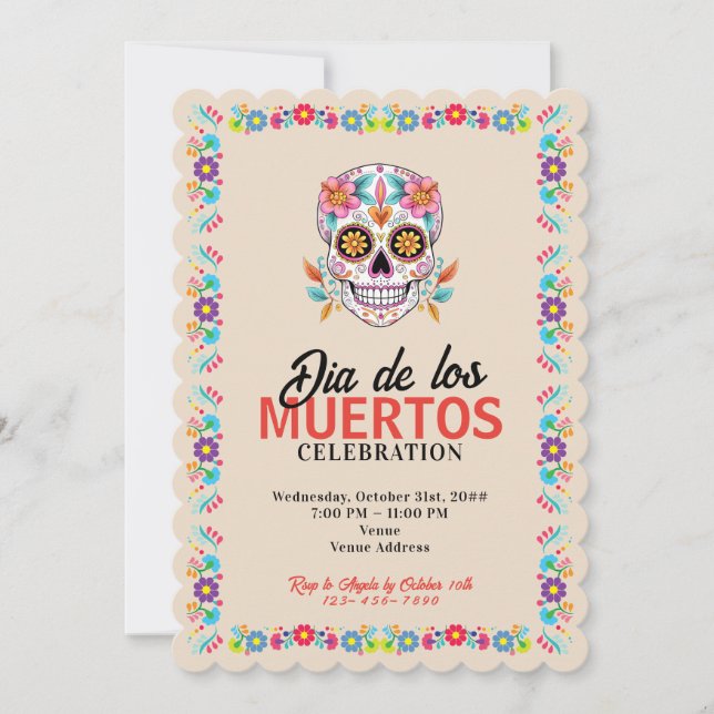 Invitation Crâne de Sucre Dia de los Muertos Jour des Morts (Devant)