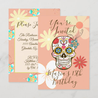 Invitation Crâne de Sucre Fleur Hippie Douce Pêche à l'Églant