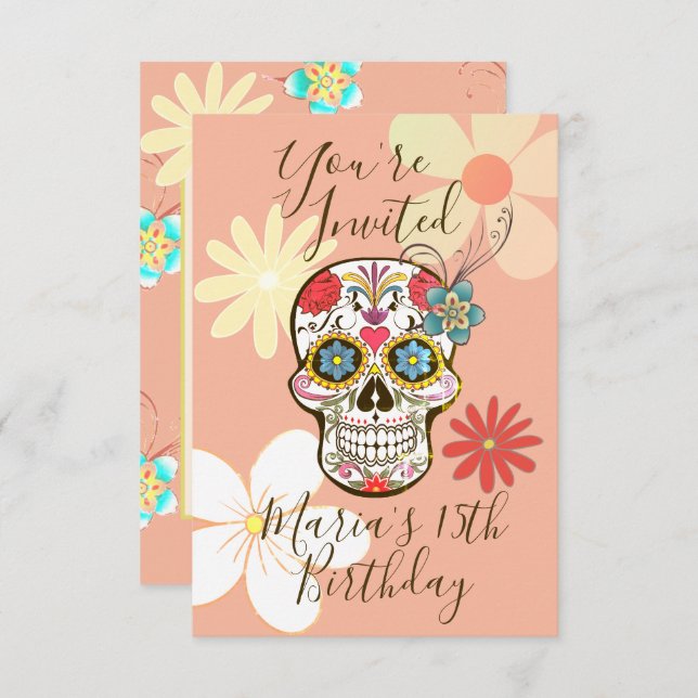 Invitation Crâne de Sucre Rose Douce de Hanche de Rose Hippie (Devant / Derrière)