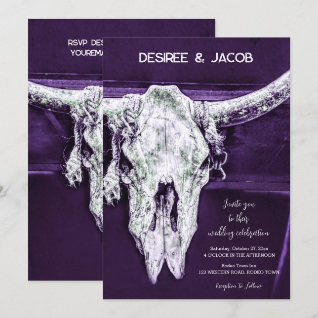 Invitation Crâne de taureau violet foncé de campagne occident (Devant / Derrière)