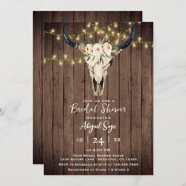 Invitation Crâne de vache florale Boho sur Fête des mariées d (Devant / Derrière)