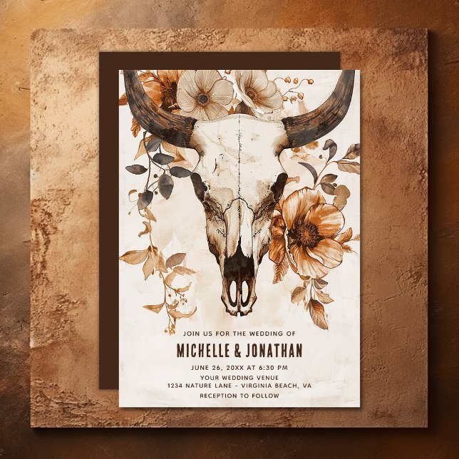 Invitation Crâne de vache rousse Floral Boho Western Mariage (Rustic Bull Cow Skull and Flowers Boho Western Invitation)
