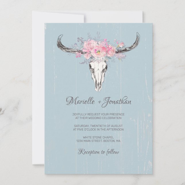 Invitation Crâne de vache rustique Boho Blush Floral Aquarell (Devant)