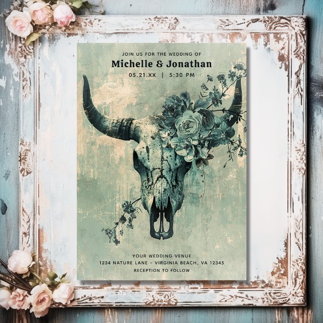 Invitation Crâne de vache rustique Boho floral Mariage occide (Front - Rustic Cow Skull Floral Boho Western Wedding Invitation)