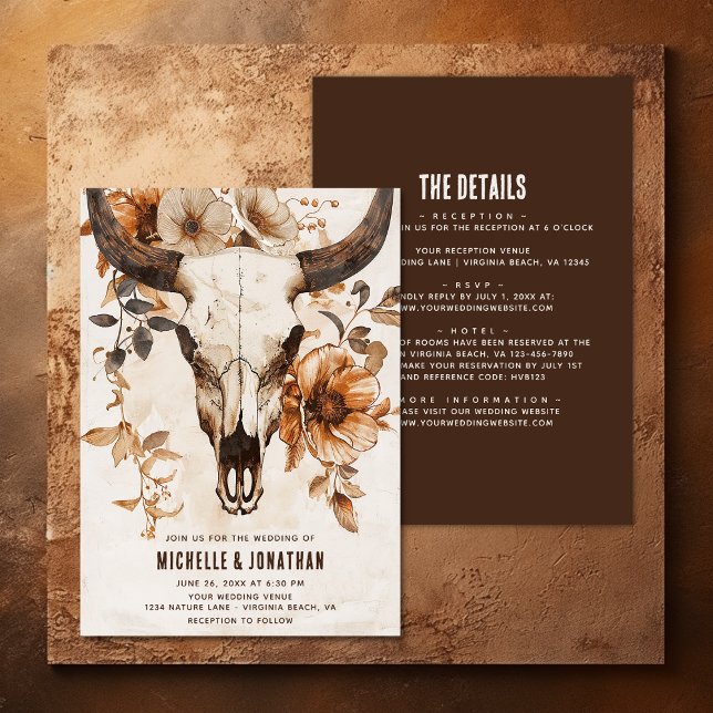 Invitation Crâne de vache rustique Boho floral tout en un Mar (Rustic Cow Skull Floral Boho All in One Wedding Invitation)