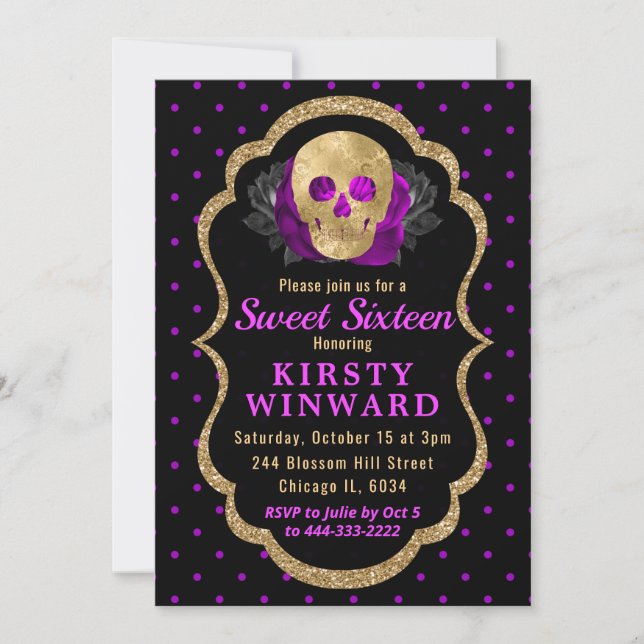 Invitation Crâne doré Fleurs à pois Halloween Sweet 16 (Devant)