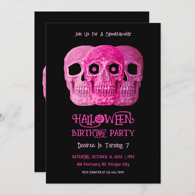 Invitation Crâne Drôle Gothique Fille rose Halloween Annivers (Devant / Derrière)
