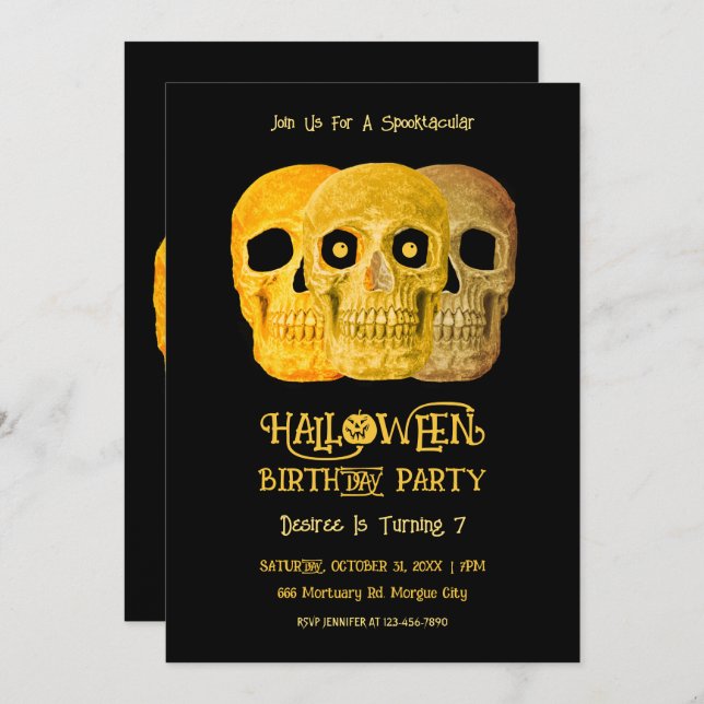 Invitation Crâne drôle Gothique Jaune Noir Halloween Annivers (Devant / Derrière)