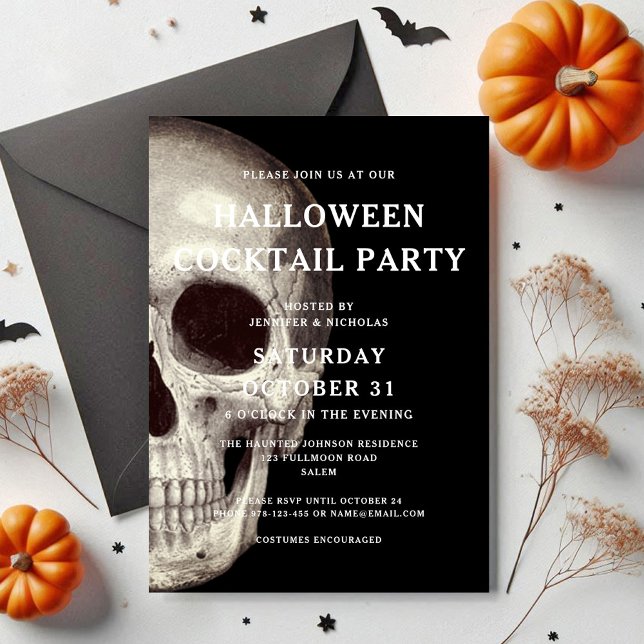 Invitation Crâne effrayant noir pour soirée cocktail d'Hallow (Black Scary Skull Adult Halloween Cocktail Party Invitation)