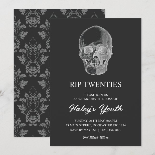 Invitation Crâne Effrayant RIP Twenties 20s Drôle 30e Anniver (Devant / Derrière)