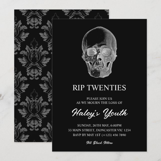 Invitation Crâne Effrayant RIP Twenties 20s Drôle 30e Anniver (Devant / Derrière)