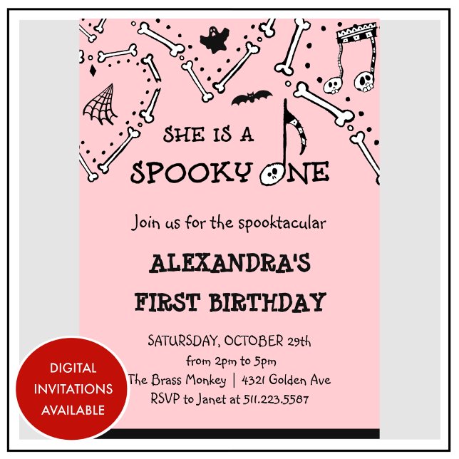 Invitation Crâne effrayant Spooktacular Halloween 1er anniver (Halloween-1st-birthday-Invitation-Spooky-Spooktacular-Skull-pink-1)